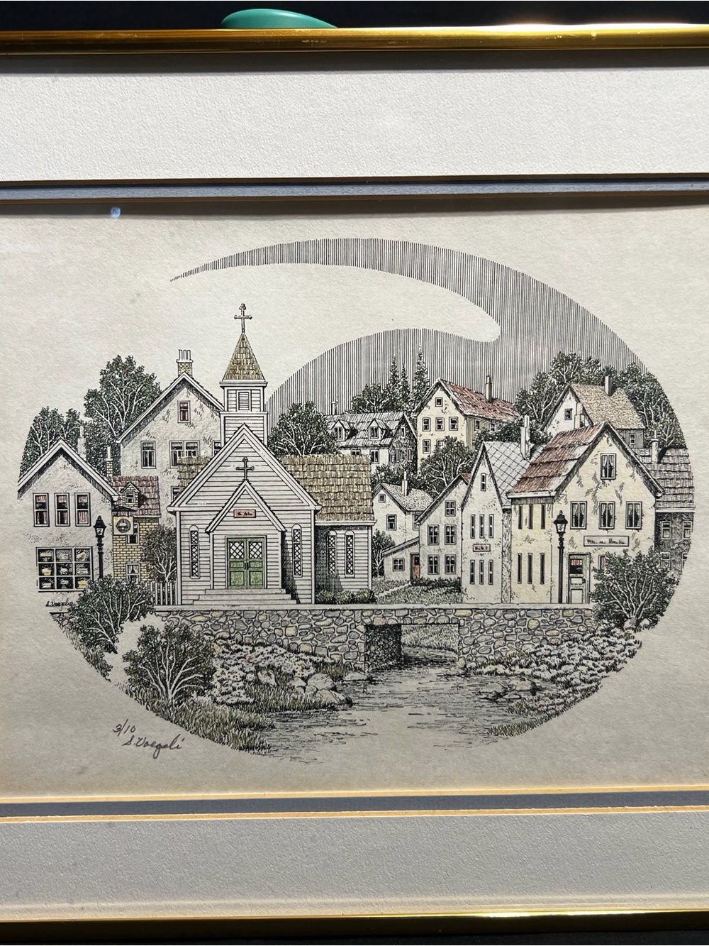 Vintage S. Voegeli Village Church Art Print Framed Limited Edition 3/10